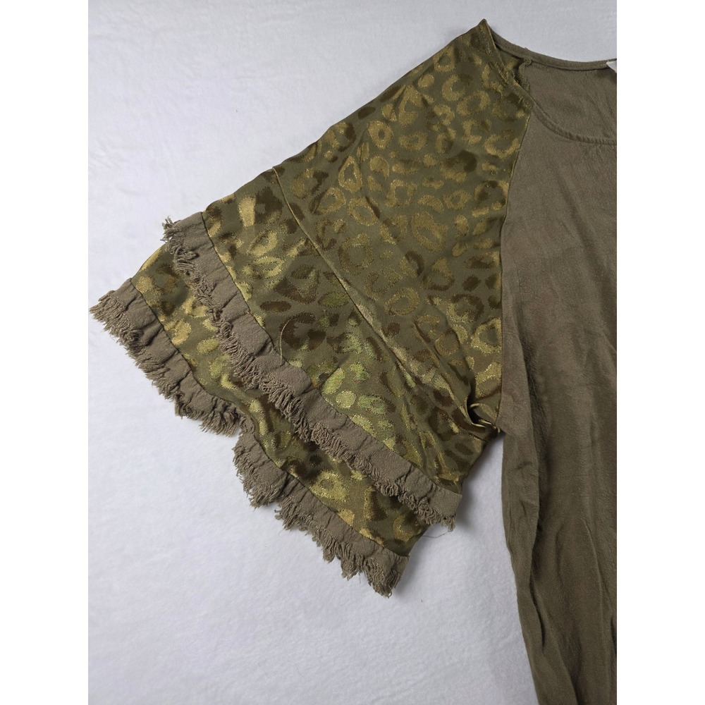 Umgee Metallic Leopard Tiered Fringe Sleeve Large Olive Green Boho Linen Cotton - Picture 2 of 7